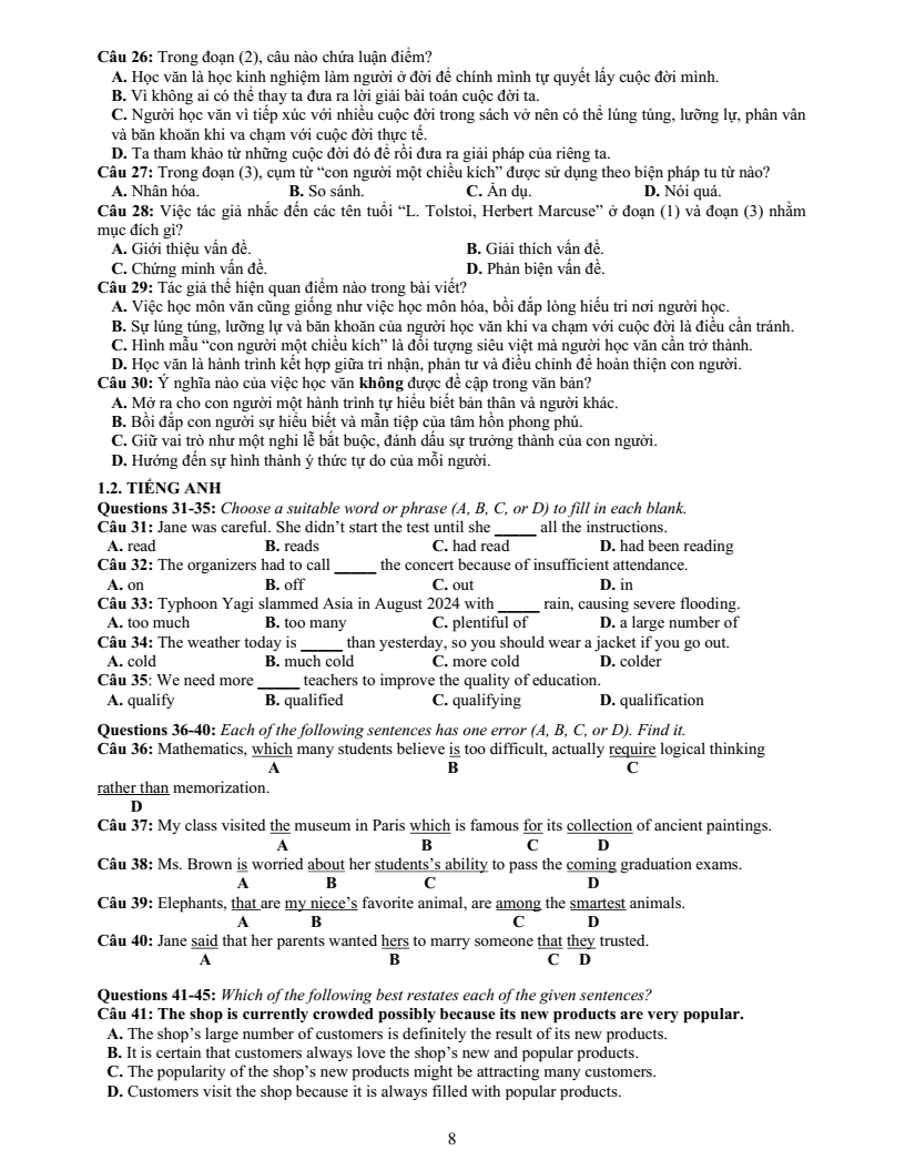 Đề thi mẫu ĐGNL ĐHQG Tp.HCM năm 2026