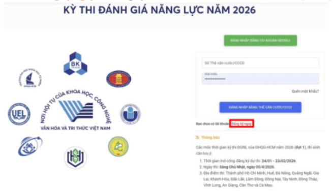 Hướng dẫn đăng ký dự thi ĐGNL ĐHQG HCM 2026