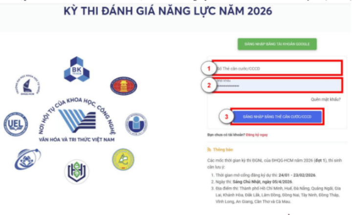 Hướng dẫn đăng ký dự thi ĐGNL ĐHQG HCM 2026