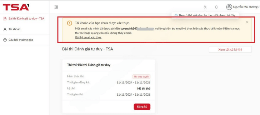 Hướng dẫn đăng ký tài khoản Đánh giá tư duy TSA 2026