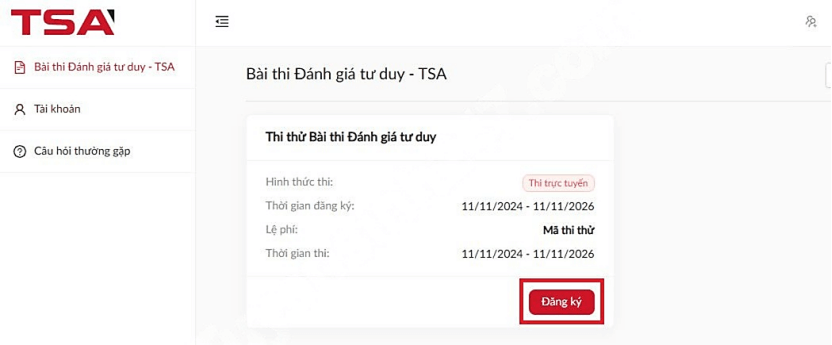 Hướng dẫn đăng ký tài khoản Đánh giá tư duy TSA 2026