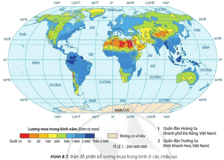 Quan sát hình 8.7 và dựa vào kiến thức đã học, hãy trình bày sự phân bố lượng mưa