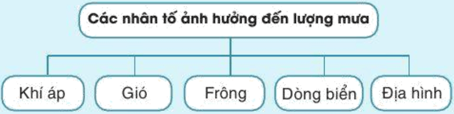 Dựa vào sơ đồ sau, hãy lựa chọn và phân tích một trong các nhân tố ảnh hưởng đến lượng mưa trên Trái Đất