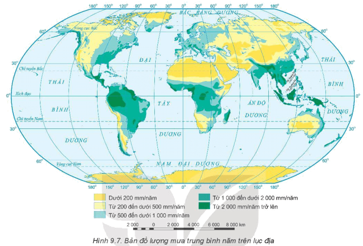 Dựa vào thông tin trong mục b và hình 9.7 hãy nhận xét khái quát về sự phân bố lượng mưa