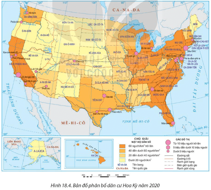 Dựa vào bản đồ phân bố dân cư Hoa Kỳ (hình 18.4) nhận xét về sự phân bố các đô thị ở Hoa Kỳ