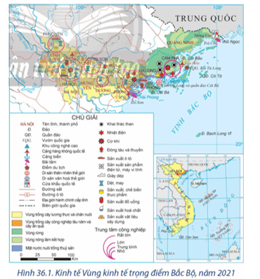 Dựa vào hình 36.1 và thông tin trong bài, hãy: Xác định vị trí của vùng kinh tế trọng điểm Bắc Bộ