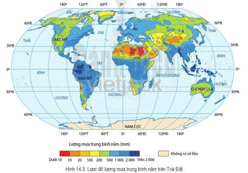 Quan sát hình 14.3, hãy cho biết khu vực nào có lượng mưa nhiều và khu vực