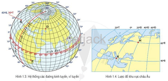 Hãy viết tọa độ địa lí của điểm B, C trong hình 1.3, và điểm H, K trong hình 1.4