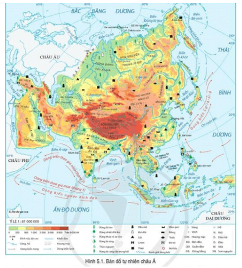 Đọc thông tin và quan sát hình 5.1, hãy: Nêu đặc điểm địa hình và khoáng sản châu Á