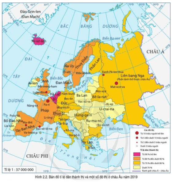 Đọc thông tin và quan sát hình 2.2, hãy trình bày đặc điểm đô thị hóa ở châu Âu