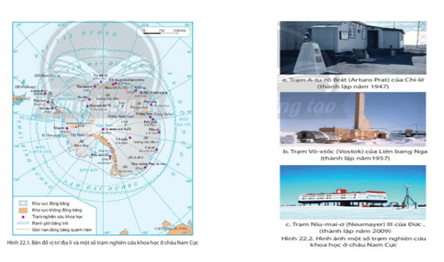 Dựa vào hình 22.1, 22.2 và thông tin trong bài, em hãy: Kể tên một số trạm nghiên cứu của các quốc gia