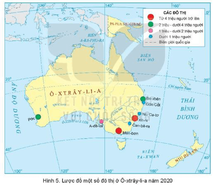 Quan sát lược đồ hình 5, nêu đặc điểm phân bố các thành phố lớn ở Ô-xtrây-li-a
