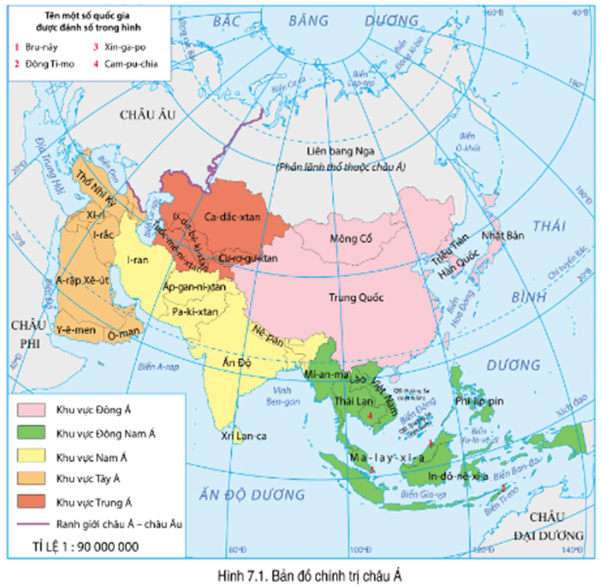 Lý thuyết Địa Lí 7 Kết nối tri thức Bài 7: Bản đồ chính trị châu Á, các khu vực của châu Á