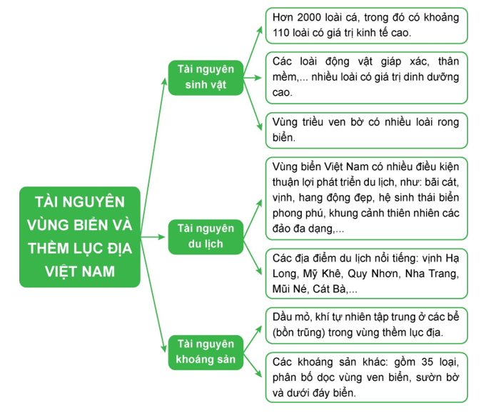 Lập sơ đồ thể hiện các tài nguyên ở vùng biển và thềm lục địa Việt Nam