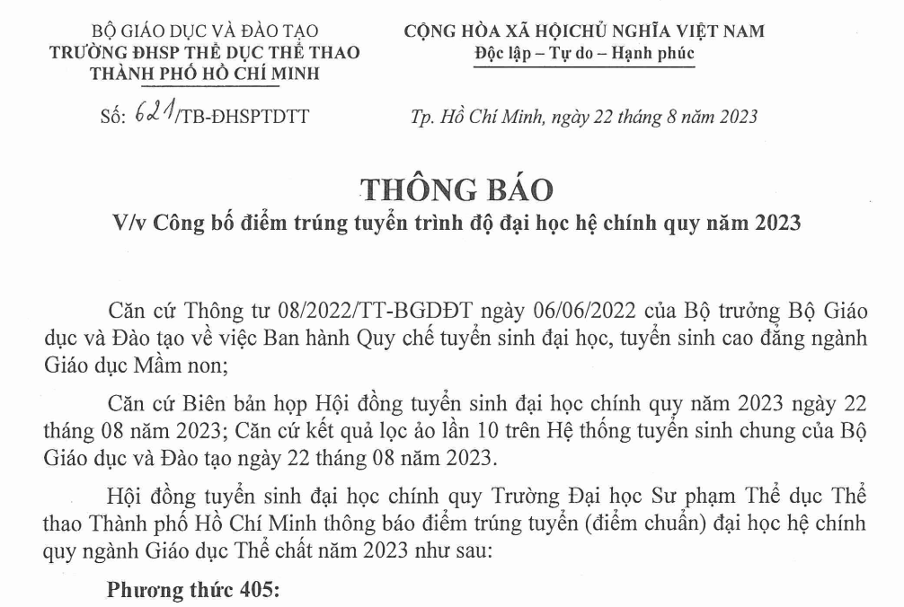 Điểm chuẩn Đại học Sư phạm Thể dục Thể thao TP.HCM 2023 (chính xác nhất) | Điểm chuẩn các năm