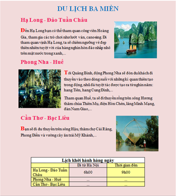 Lý thuyết bài thực hành tổng hợp: Du lịch ba miền