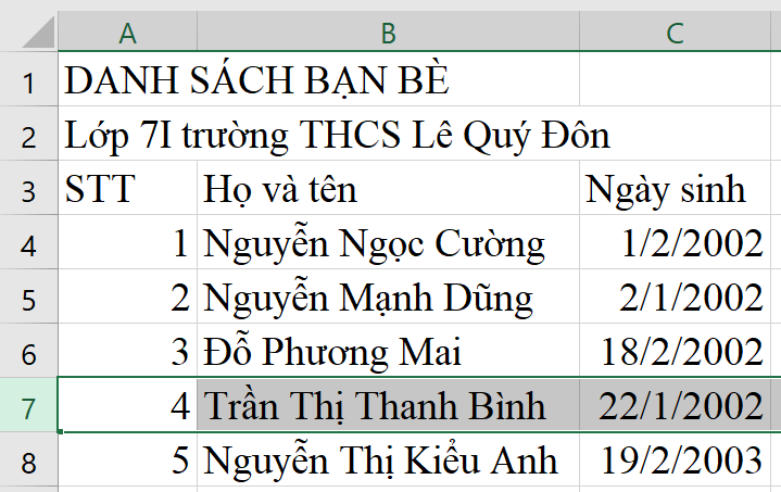 Tin học 7 VNEN Bài 4: Căn biên dữ liệu trong bảng tính | Hay nhất Giải bài tập Tin học 7 VNEN