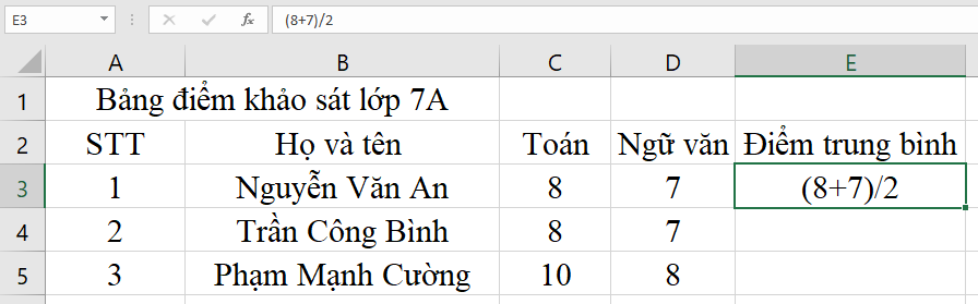 Tin học 7 VNEN Bài 5: Tính toán đơn giản trên bảng tính | Hay nhất Giải bài tập Tin học 7 VNEN