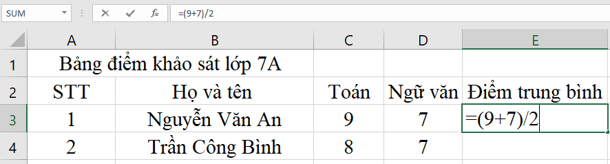 Tin học 7 VNEN Bài 5: Tính toán đơn giản trên bảng tính | Hay nhất Giải bài tập Tin học 7 VNEN