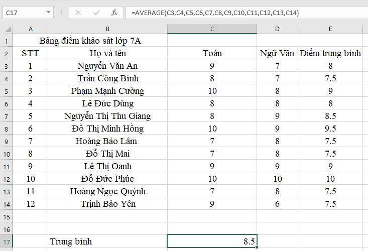 Tin học 7 VNEN Bài 8: Sử dụng các hàm để tính toán (Hàm Average) | Hay nhất Giải bài tập Tin học 7 VNEN