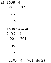 Đặt tính rồi tính 1608 chia 4, 2105 chia 3 | Để học tốt Toán 3