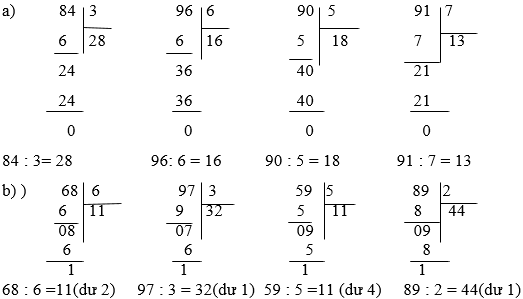 Tính 84 chia 3, 96 chia 6, 90 chia 5, 91 chia 7 | Để học tốt Toán 3