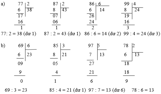 Tính 77 chia 2, 87 chia 2, 86 chia 6, 99 chia 4 | Để học tốt Toán 3