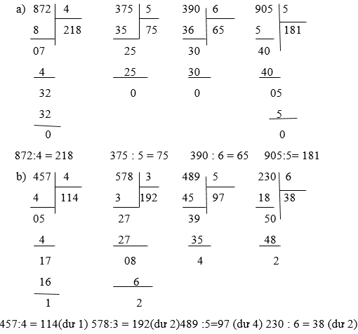 Tính 827 chia 4, 375 chia 5, 390 chia 6, 905 chia 5 | Để học tốt Toán 3