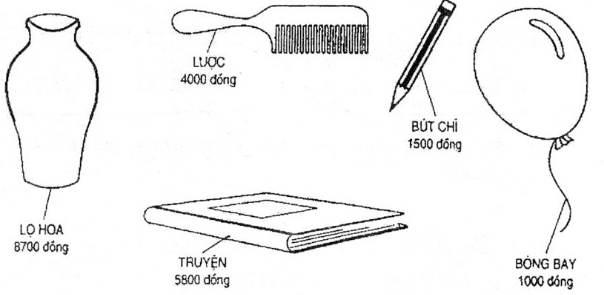 Xem tranh rồi trả lời các câu hỏi sau Trong các đồ vật trên, đồ vật nào có giá trị tiền ít nhất | Để học tốt Toán 3