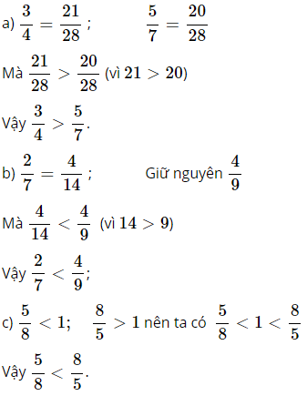 Toán lớp 5 trang 7 Ôn tập So sánh hai phân số (tiếp theo)