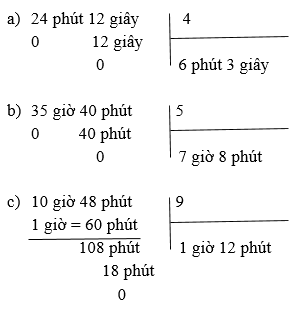 Tính 24 phút 12 giây : 4