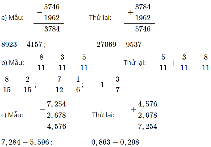 Toán lớp 5 trang 159, 160 Phép trừ