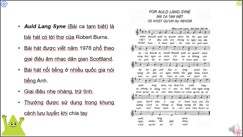 Giáo án điện tử Âm nhạc 6 Kết nối tri thức Nghe nhạc: Nghe bài hát Auld Lang Syne | PPT Âm nhạc 6
