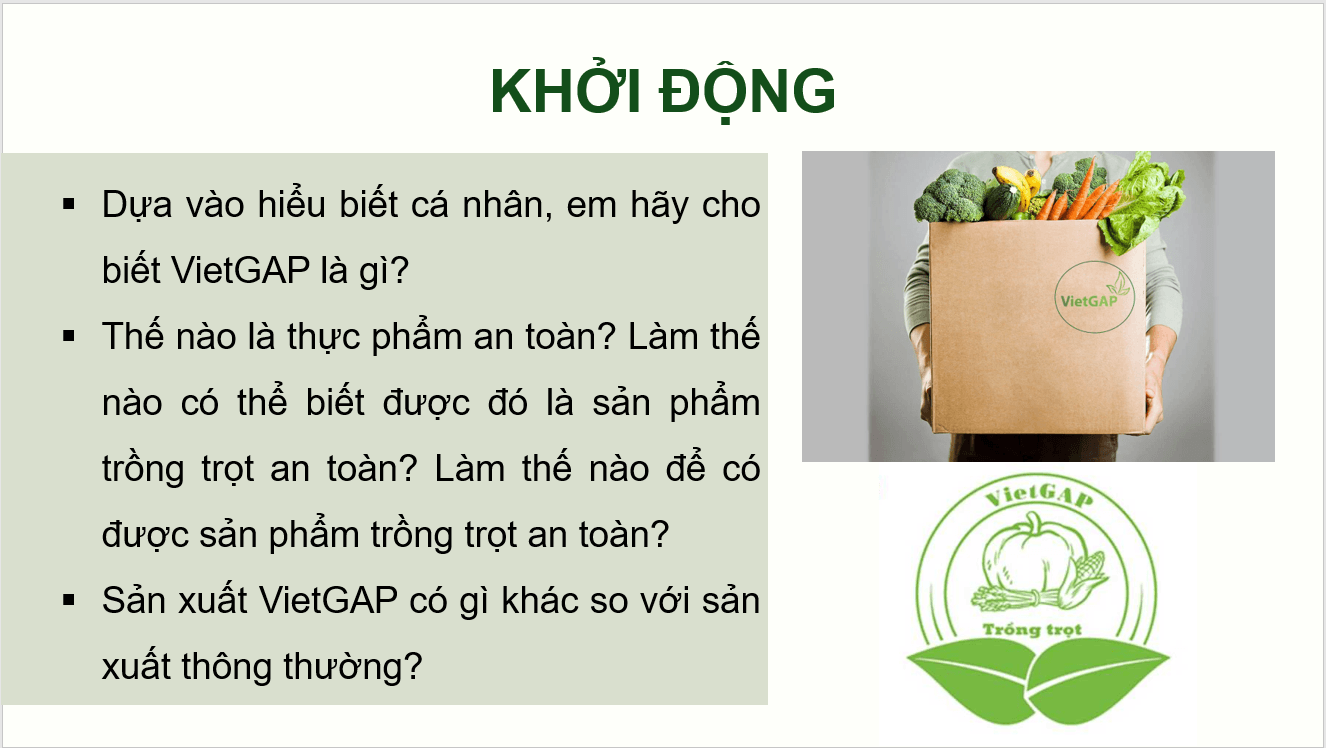 Giáo án điện tử Chuyên đề Công nghệ 10 Kết nối tri thức Bài 11: Giới thiệu về VietGAP trồng trọt | PPT Chuyên đề Công nghệ 10