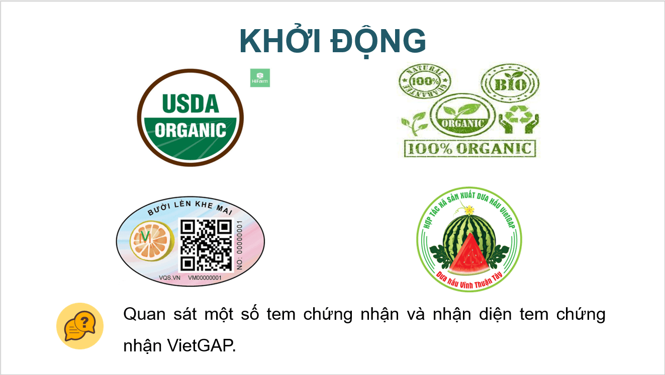 Giáo án điện tử Chuyên đề Công nghệ 10 Kết nối tri thức Bài 15: Thực hành: Nhận biết sản phẩm VietGAP trồng trọt qua tem (nhân) | PPT Chuyên đề Công nghệ 10