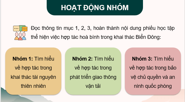 Giáo án điện tử Chuyên đề Địa 11 Kết nối tri thức Hợp tác hòa bình trong khai thác Biển Đông | PPT Chuyên đề Địa Lí 11