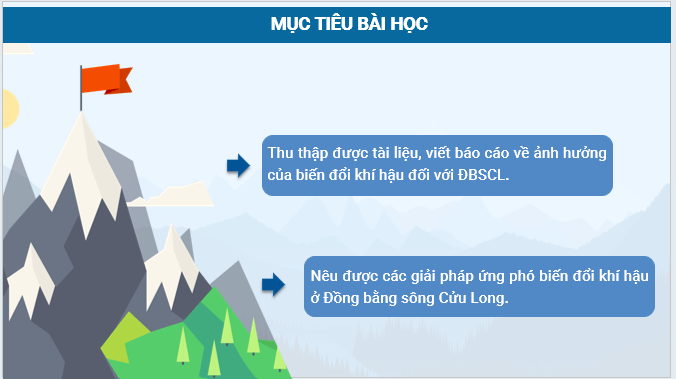 Giáo án điện tử Địa Lí 12 Kết nối tri thức Bài 31: Thực hành: Viết báo cáo về biến đổi khí hậu ở Đồng bằng sông Cửu Long | PPT Địa 12