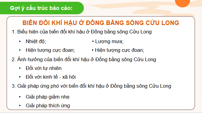 Giáo án điện tử Địa Lí 12 Chân trời sáng tạo Bài 35: Thực hành: Tìm hiểu về biến đổi khí hậu ở Đồng bằng sông Cửu Long | PPT Địa 12
