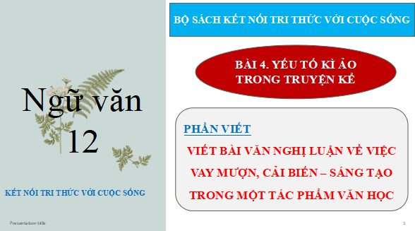 Giáo án điện tử bài Viết bài văn nghị luận về việc vay mượn - cải biến - sáng tạo trong một tác phẩm văn học | PPT Văn 12 Kết nối tri thức