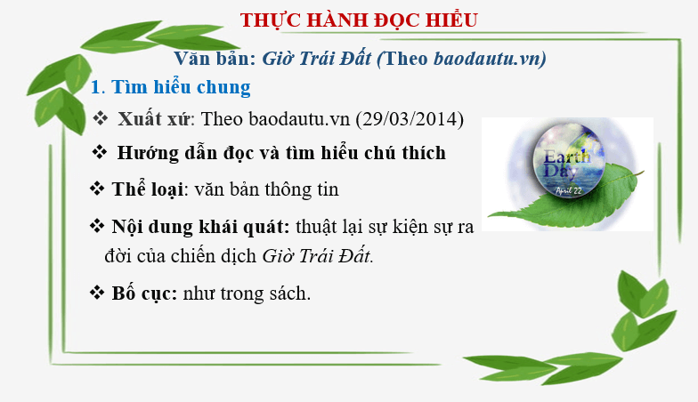 Giáo án điện tử bài Thực hành đọc hiểu: Giờ Trái Đất | PPT Văn 6 Cánh diều