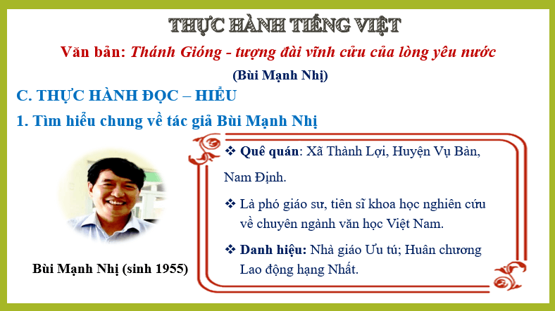 Giáo án điện tử bài Thực hành đọc hiểu: Thánh Gióng - tượng đài vĩnh cửu của lòng yêu nước | PPT Văn 6 Cánh diều