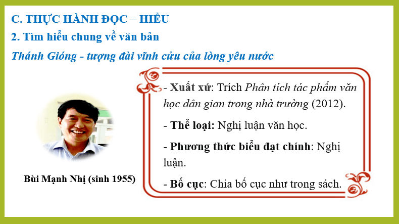 Giáo án điện tử bài Thực hành đọc hiểu: Thánh Gióng - tượng đài vĩnh cửu của lòng yêu nước | PPT Văn 6 Cánh diều