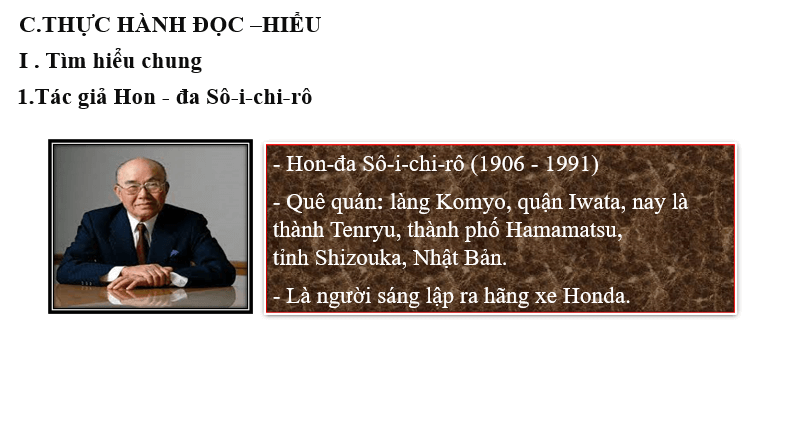 Giáo án điện tử bài Thực hành đọc hiểu: Thời thơ ấu của Hon-đa | PPT Văn 6 Cánh diều