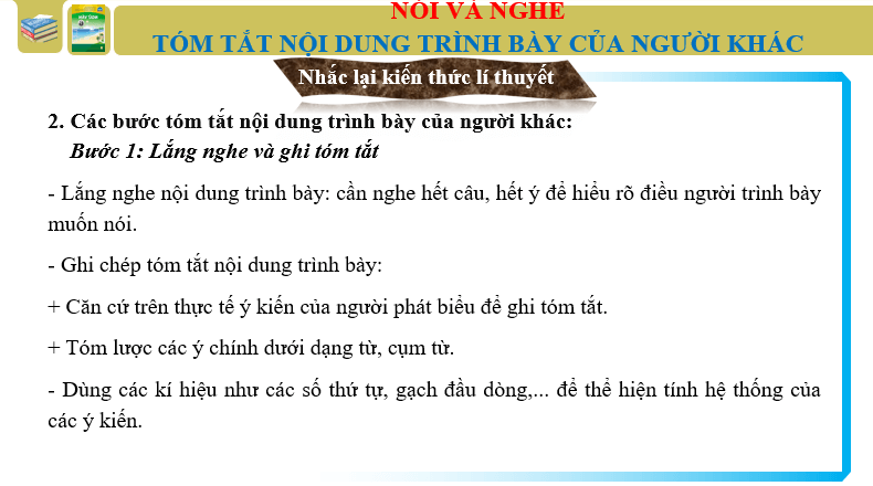 Giáo án điện tử bài Tóm tắt nội dung trình bày của người khác | PPT Văn 6 Chân trời sáng tạo