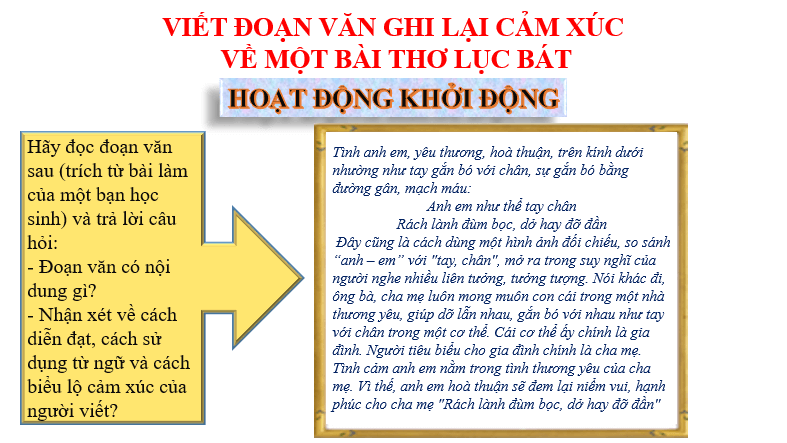 Giáo án điện tử bài Viết đoạn văn ghi lại cảm xúc về một bài thơ lục bát | PPT Văn 6 Chân trời sáng tạo