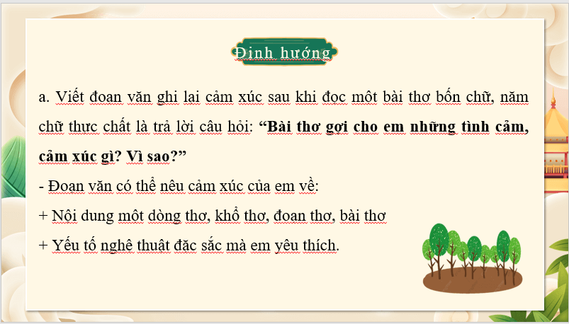 Giáo án điện tử bài Viết đoạn văn ghi lại cảm xúc sau khi đọc một bài thơ bốn chữ, năm chữ | PPT Văn 7 Cánh diều