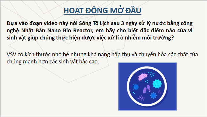 Giáo án điện tử Chuyên đề Sinh 10 Chân trời sáng tạo Bài 10: Vai trò của vi sinh vật trong xử lí ô nhiễm môi trường | PPT Chuyên đề Sinh học 10