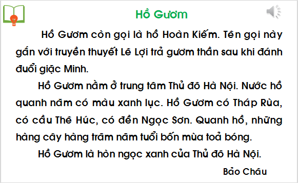 Giáo án điện tử Bài 3: Hồ Gươm lớp 1 | PPT Tiếng Việt lớp 1 Chân trời sáng tạo