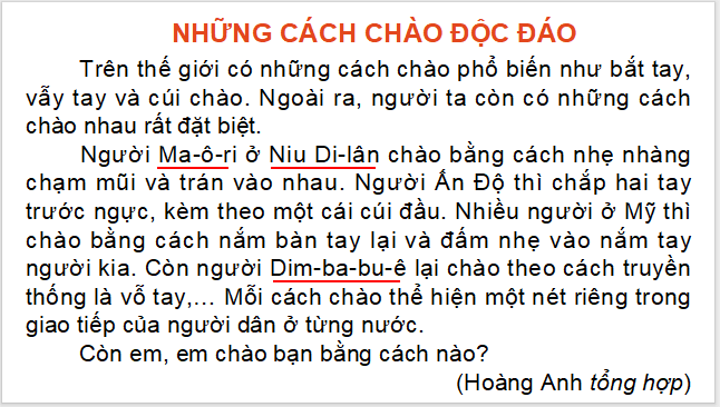 Giáo án điện tử Những cách chào độc đáo lớp 2 | PPT Tiếng Việt lớp 2 Kết nối tri thức
