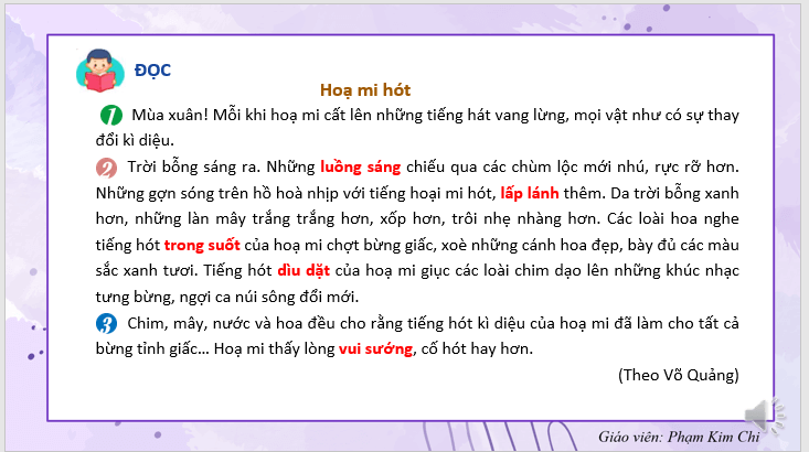 Giáo án điện tử Họa mi hót lớp 2 | PPT Tiếng Việt lớp 2 Kết nối tri thức